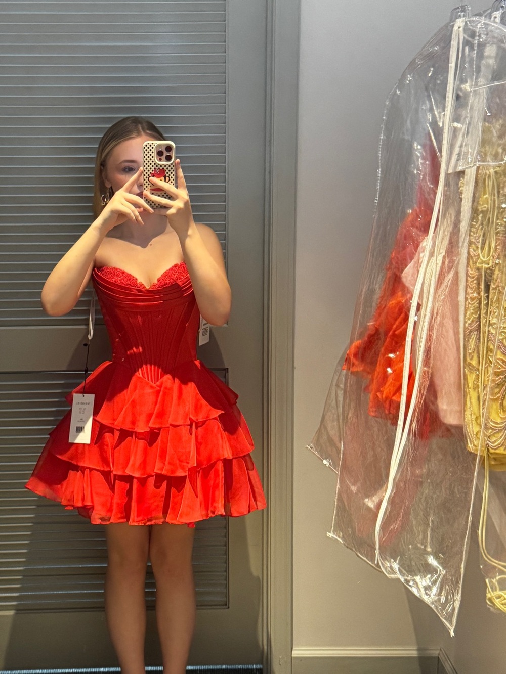 Sherri Hill Red Strapless Tiered Corset Homecoming Dress